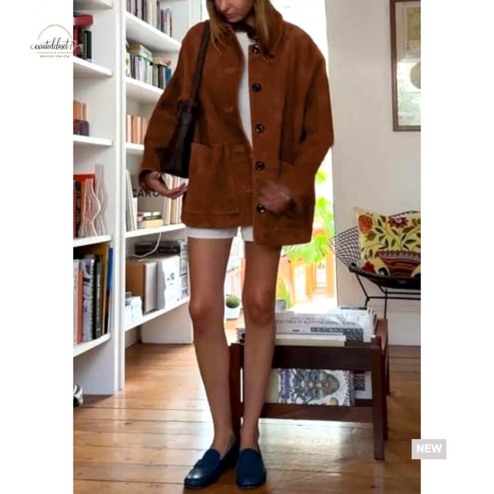 Faux Suede Leather Boyfriend Shacket Midi Long Button Down Casual Coat - Picture 5 of 6